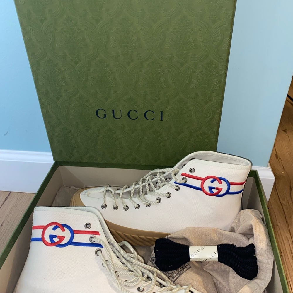 Gucci White High-Tops with Red and Blue Stripes